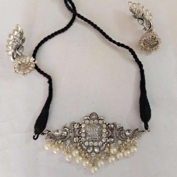 Silver Jewelry Set With Pearls Tribal Silver Tone Jewelry Set - Picture 4 of 10